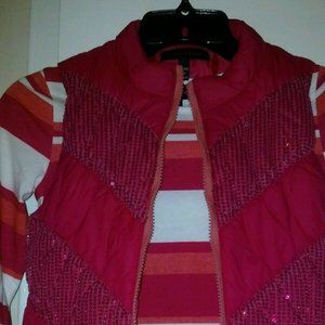 Derek Heart Fuchsia multi-color Stripes L/Sleeve Tee Puff Vest Sequin Trim M 205